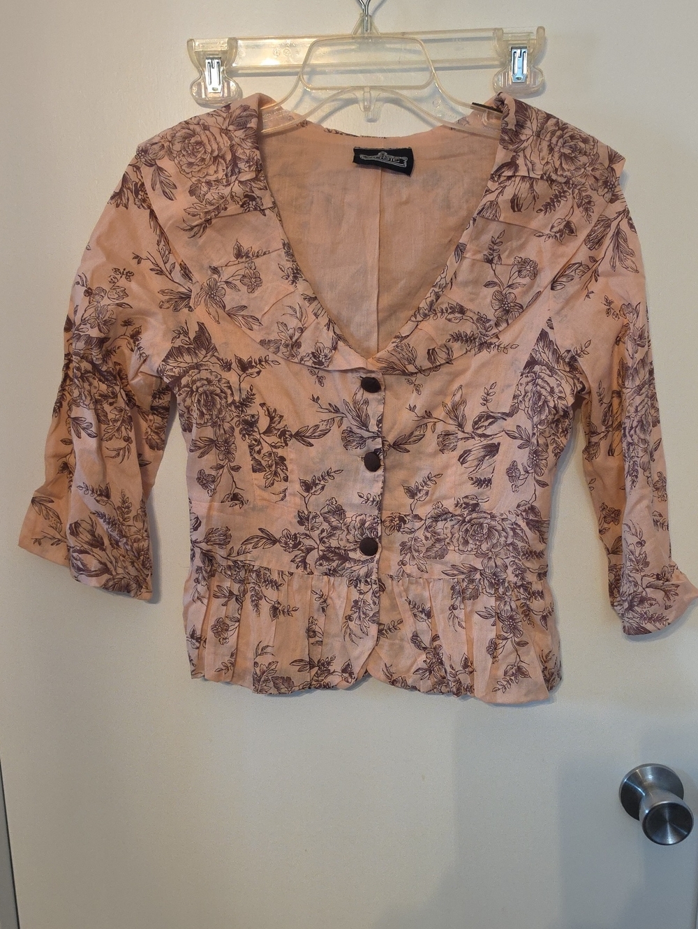 Angie Blush Peach Floral Button-Front Peplum Top